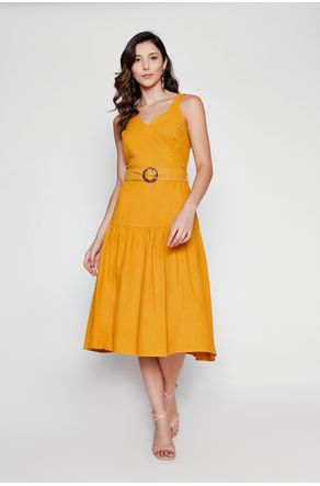 vestido midi amarelo mostarda