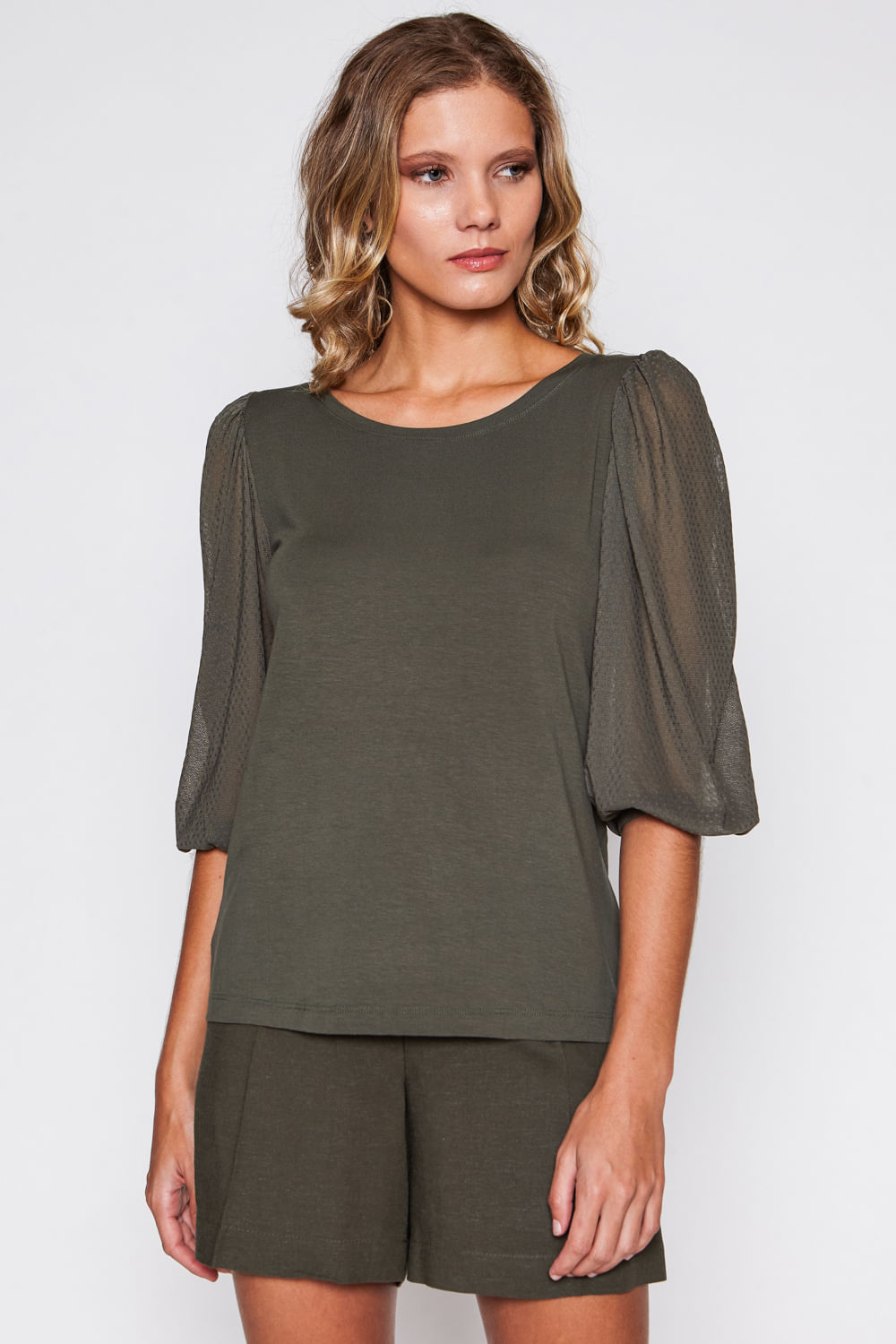 Blusa Verde De Malha Com Manga Bufante De Tule Cordoce