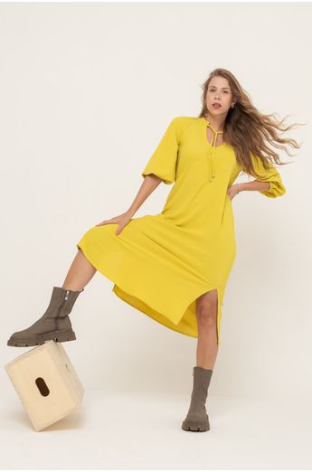 Vestido-Midi-Amarelo-Com-Fenda-Lateral